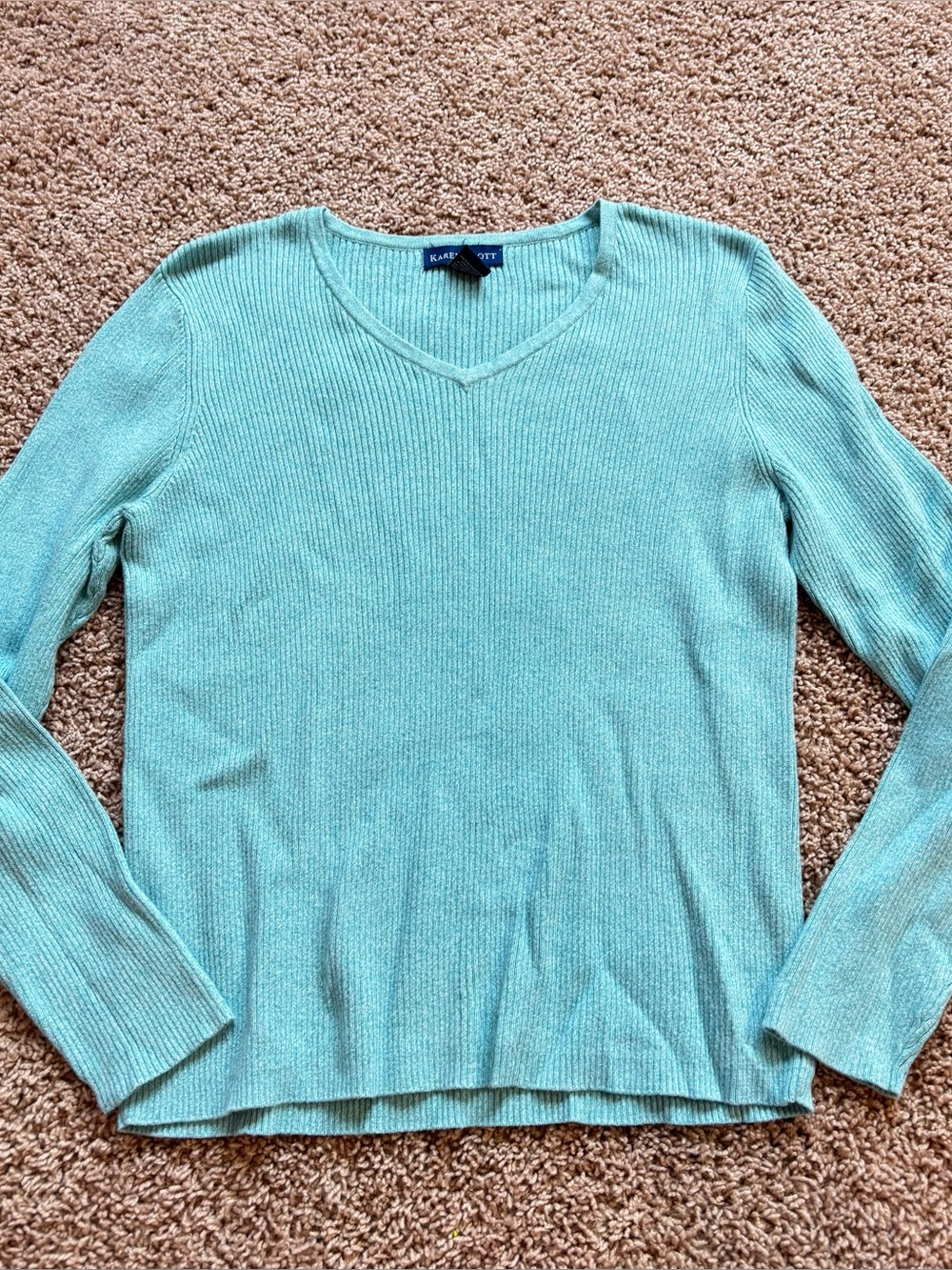 100% cotton Karen Scott V-Neck Ribbed Sweater - Mint Green